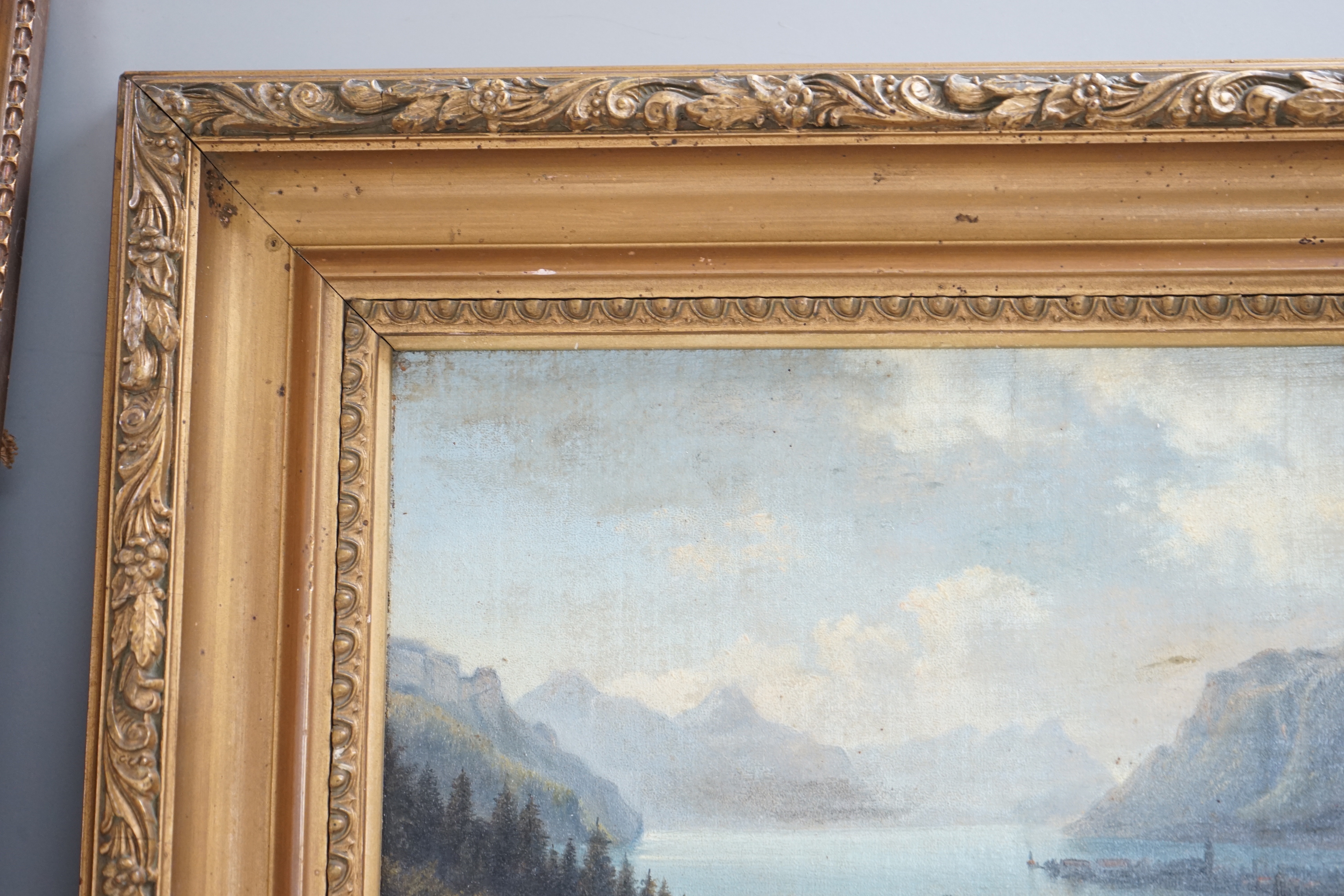 Attributed to Nils Hans Christiansen (Danish, 1850-1922), oil on canvas, Extensive view of a town on a fjord, 19 x 25cm, label verso